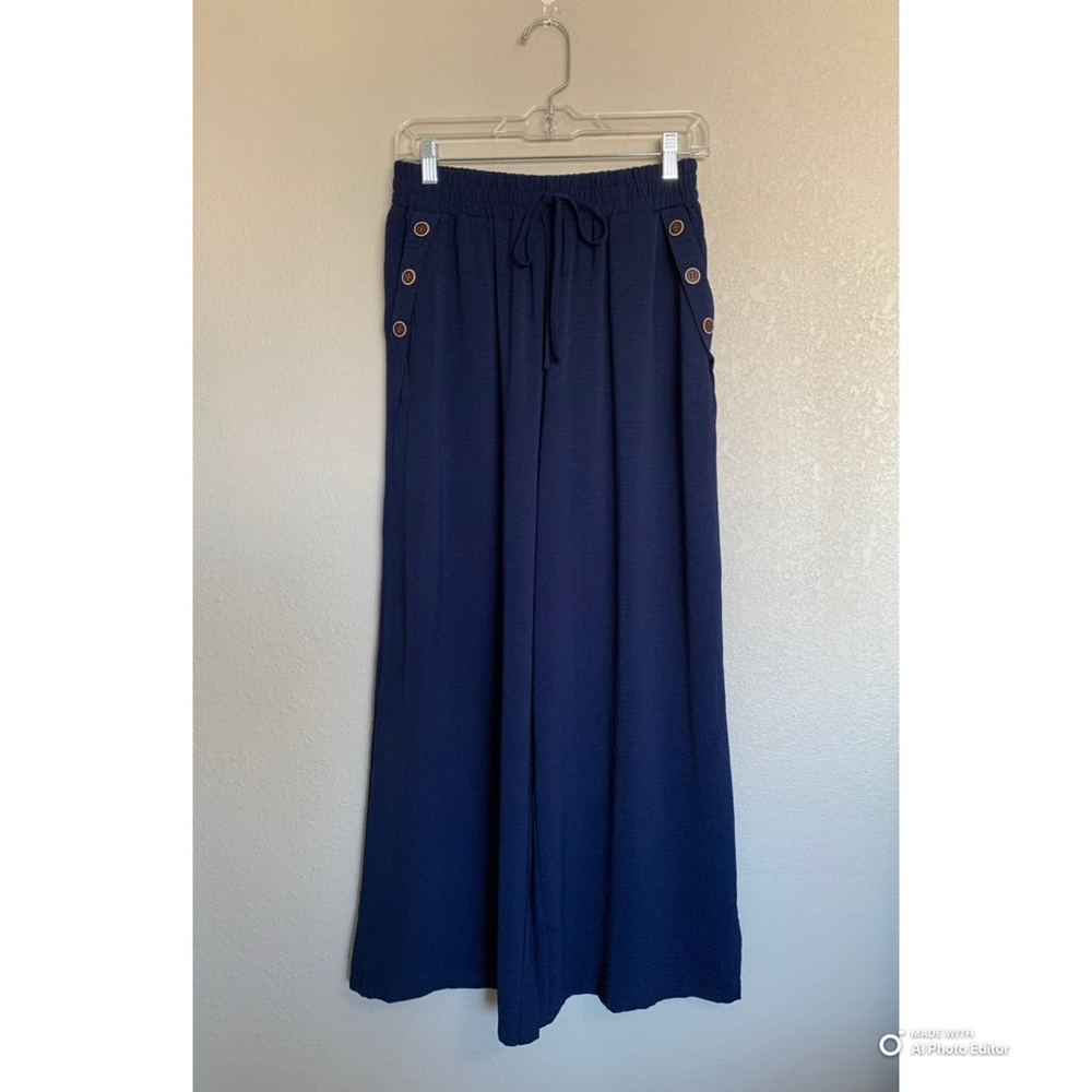 Cupshe Navy Blue Wide Leg Pull-On Sailor Pants Size Medium NWT Beach Vacation - Picture 3 of 16